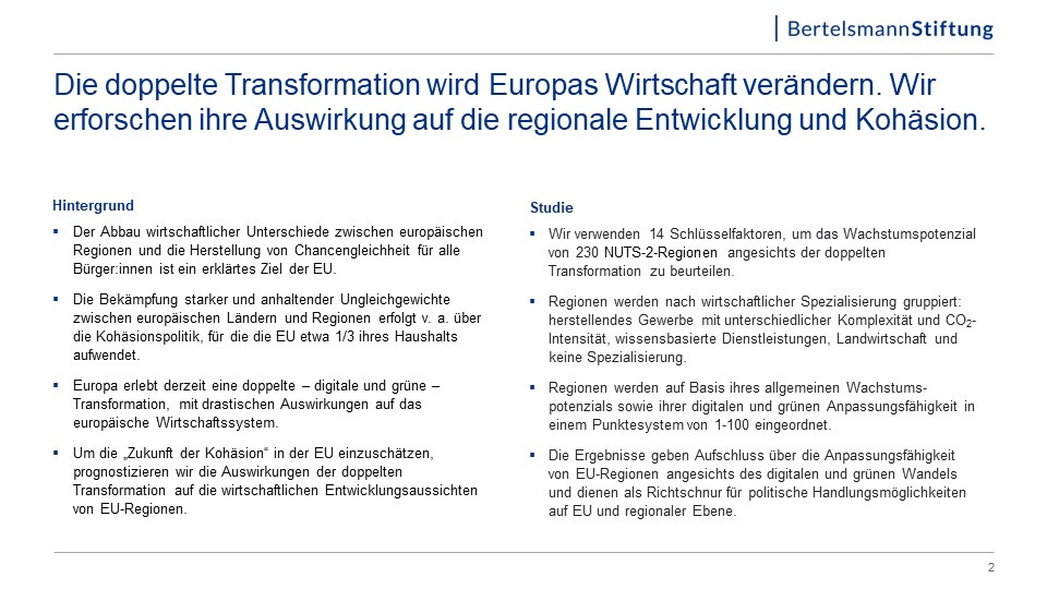 Die doppelte Transformation wird Europas Wirtschaft verändern. Wir erforschen ihre Auswirkung auf die regionale Entwicklung und Kohäsion.