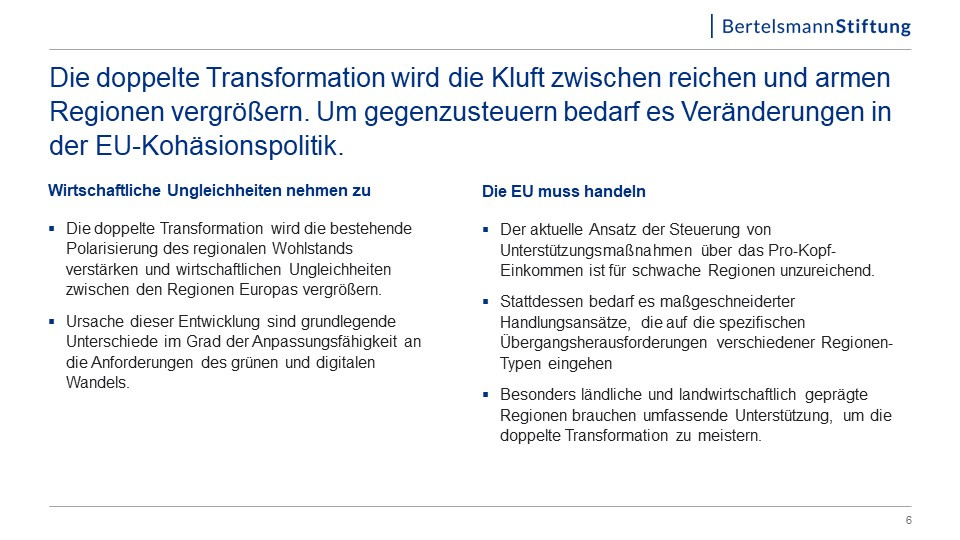 Die doppelte Transformation wird die Kluft zwischen reichen und armen Regionen vergrößern. Um gegenzusteuern bedarf es Veränderungen in der EU-Kohäsionspolitik.